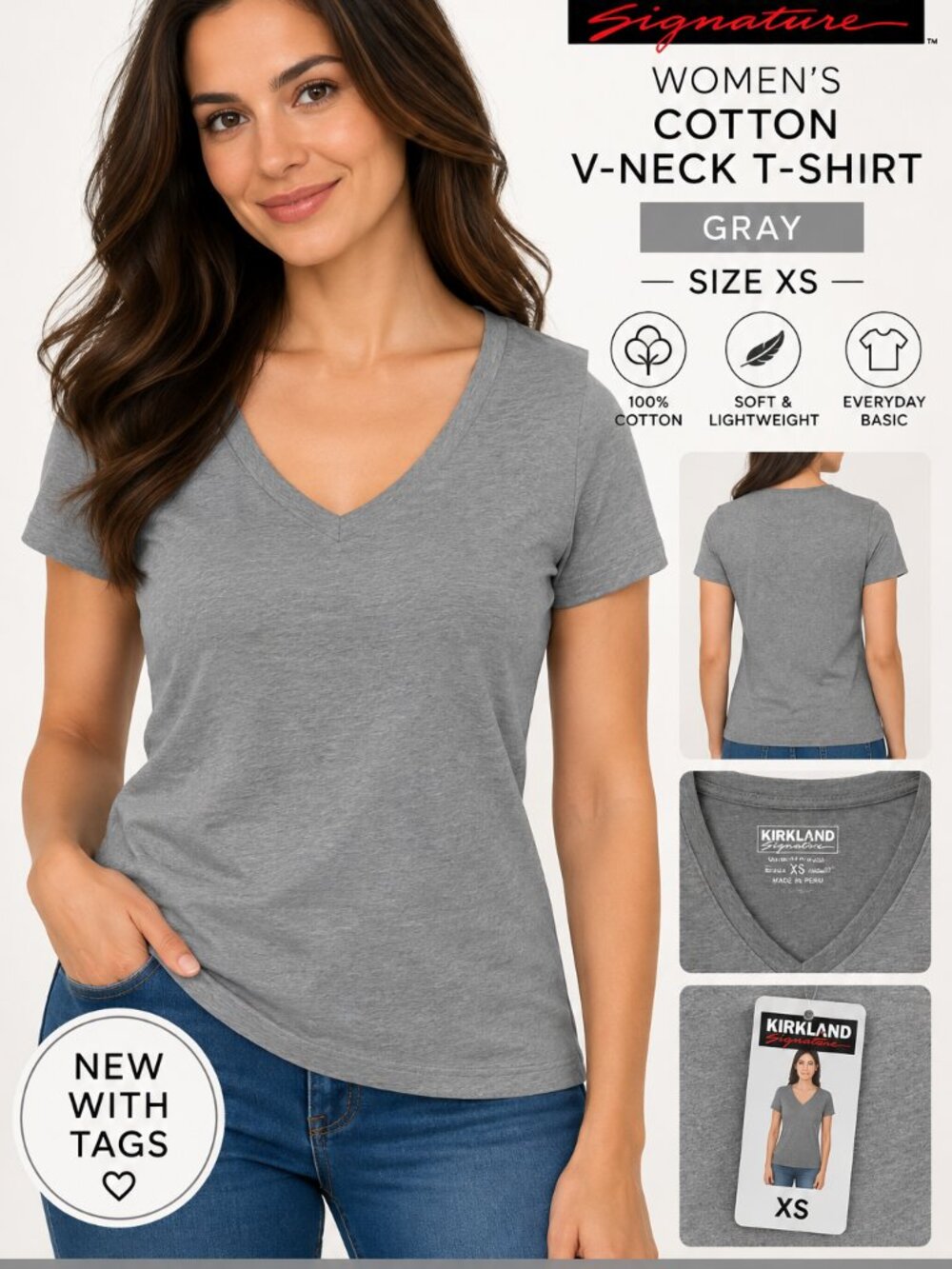Kirkland Signature Women’s Light Gray Cotton V-Neck T-Shirt XS NWT